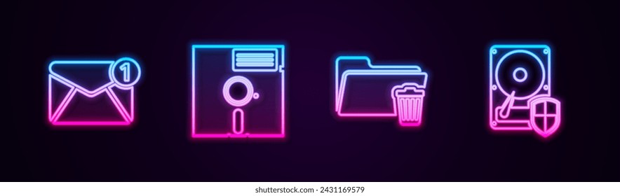 Set line New, email incoming message, Floppy disk the 5.25-inch, Delete folder and Hard drive HDD protection. Glowing neon icon. Vector