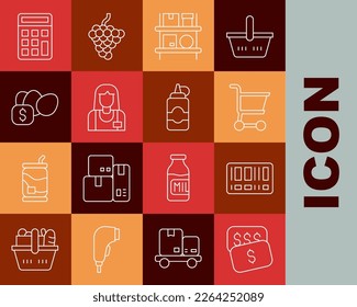 Set line New price tag dollar, Barcode, Shopping cart, Warehouse interior with boxes, Seller, Price for egg, Calculator and Sauce bottle icon. Vector