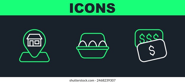 Set line New price tag dollar, Location Market store and Chicken egg in box icon. Vector
