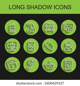 Set line New price tag dollar, Security camera, Soda can, Shopping basket, Canned food, Percent discount and mobile, Location Market store and Salami sausage icon. Vector