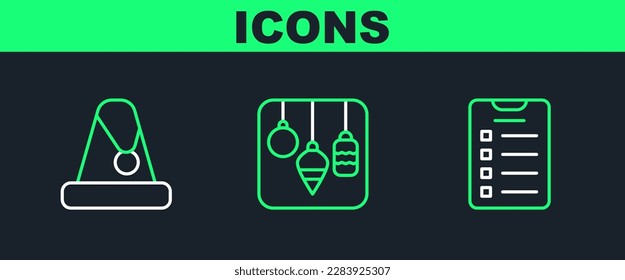 Set line New year goals list, Christmas Santa Claus hat and lights icon. Vector