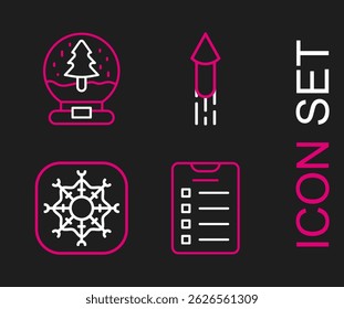 Set line New year goals list, Snowflake, Firework rocket and Christmas snow globe icon. Vector