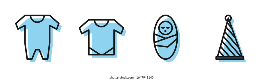 Set line Newborn baby infant swaddled, Baby clothes, Baby onesie and Party hat icon. Vector