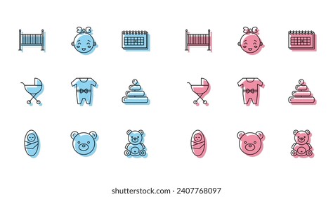 Set line Newborn baby infant swaddled, Teddy bear plush toy, Baby crib cradle bed, clothes, Pyramid, stroller and Happy little girl head icon. Vector