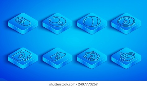 Set line Newborn baby infant swaddled, Baby bib, Beach ball, Ultrasound of, on shield,  and bottle icon. Vector