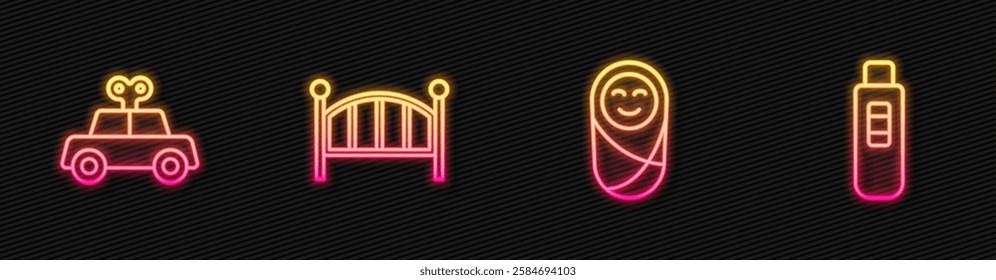 Set line Newborn baby infant swaddled, Toy car, Baby crib cradle bed and Pregnancy test. Glowing neon icon. Vector