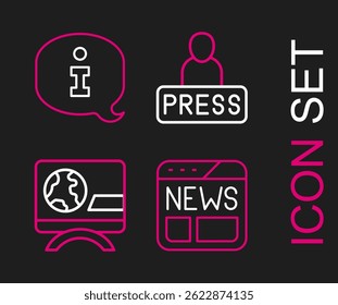 Set line News, Breaking news, Journalist and Information icon. Vector