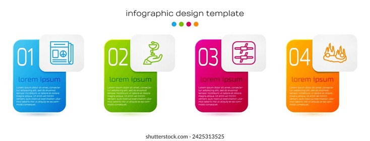 Set line News, Caduceus snake medical, Barbed wire and Burning car. Business infographic template. Vector