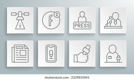 Set line News, Create account, Mobile Recording, Journalist News, Breaking und Satellite Symbol. Vektorgrafik