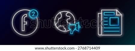 Set line News, Create account and World news icon. Glowing neon. Vector