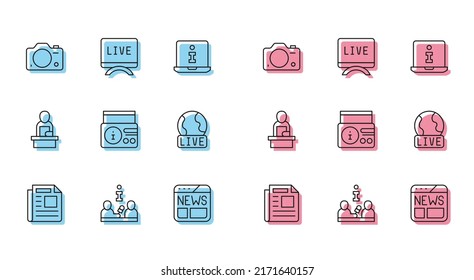 Set line News, Interview, Photo camera, on radio channel, Live report, Breaking news and  icon. Vector