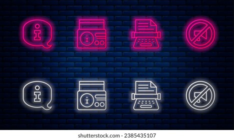 Set line News on radio channel, Retro typewriter, Information and Censored stamp. Glowing neon icon on brick wall. Vector