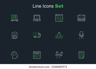 Set line News, Push pin, Pie chart infographic, Business man planning mind, Office chair, From 9 to 5 job, Armored truck and Contract money icon. Vector