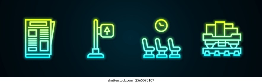 Set line News, Road traffic signpost, Waiting room and Cargo train wagon. Glowing neon icon. Vector