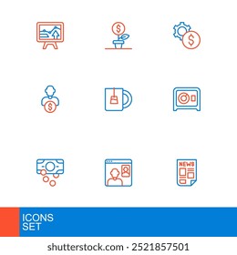 Set line News, Video chat conference, Stacks paper money cash, Safe, Business investor, Cup of tea, Gear with dollar symbol and Dollar plant icon. Vector