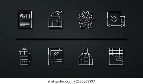 Set line Newspaper and coffee, French press, Coffee street truck machine, Barista, Street signboard, Manual grinder, Chocolate bar and Medal for icon. Vector