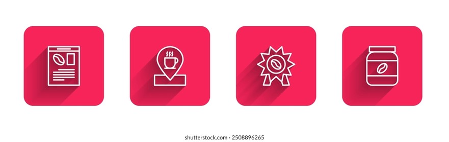 Set line Newspaper and coffee, Location with cup, Medal for and Coffee jar bottle with long shadow. Red square button. Vector
