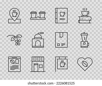 Set line Newspaper and coffee, Coffee Lovers, book, shop, Location with cup, Manual grinder, Street signboard and Electric icon. Vector