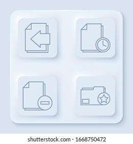 Set line Next page arrow, Document with clock, Document with minus and Document folder with star. White square button. Vector