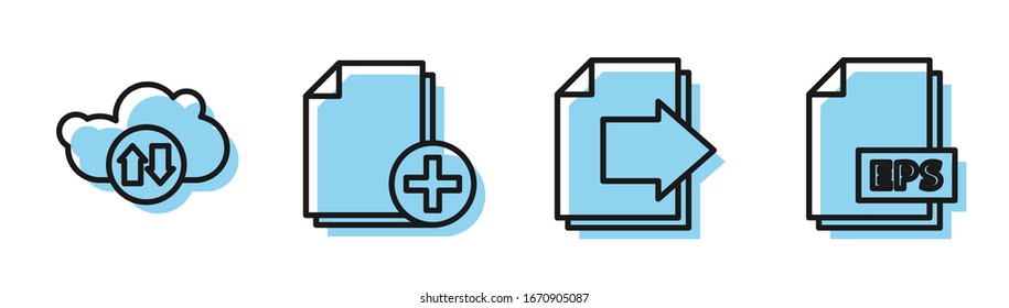 Set line Next page arrow, Cloud download and upload, Add new file and EPS file document icon. Vector