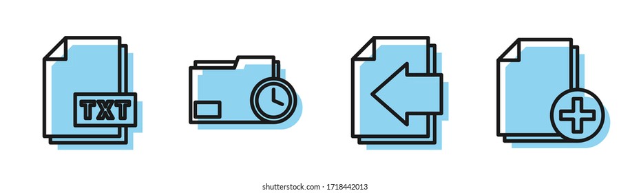 Set Line Next Page Arrow, TXT File Document, Document Folder With Clock And Add New File Icon. Vector