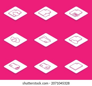 Set line Next page arrow, Upload file document, PSD, Cloud upload, Document folder, storage text, Folder and lock and check mark icon. Vector