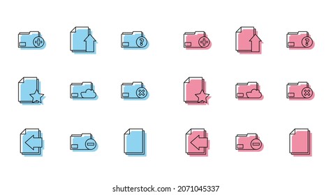 Set line Next page arrow, Document folder with minus, Add new, Cloud storage text document, Delete, star and Upload file icon. Vector