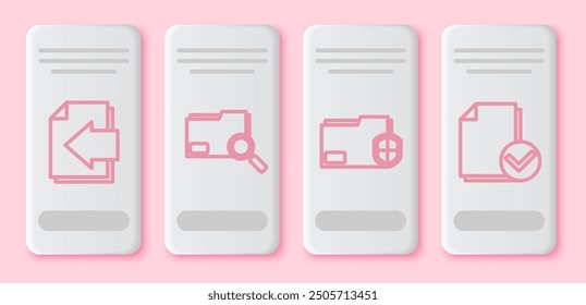 Set line Next page arrow, Search concept with folder, Document folder protection and Document and check mark. White rectangle button. Vector