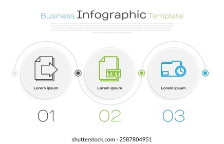 Set line Next page arrow, TXT file document and Document folder with clock. Business infographic template. Vector