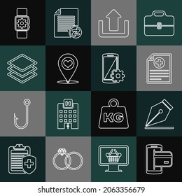 Set line NFC Payment, Fountain pen nib, Clinical record, Upload, Map pointer with heart, Layers, Smartwatch setting and Setting on smartphone icon. Vector