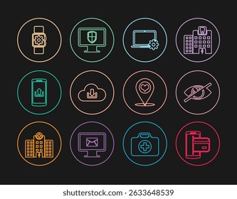 Definir linha NFC Pagamento, Invisível ou ocultar, Laptop and gear, Cloud download, Smartphone com upload, configuração Smartwatch, coração ponteiro do mapa e ícone de escudo do monitor. Vetor