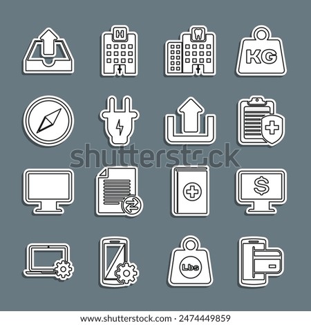 Set line NFC Payment, Monitor with dollar, Clipboard medical insurance, Dental clinic, Electric plug, Wind rose, Upload inbox and  icon. Vector