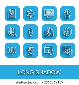 Set line NFT blockchain technology, Digital crypto art, contract, Ethereum ETH,  and Laptop with store app icon. Vector