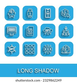 Set line NFT blockchain technology, Digital crypto art, Cyber security, Laptop with store app, Binary code,  and cloud icon. Vector