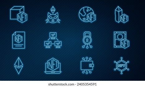 Set line NFT blockchain technology, Digital crypto art, contract, Cyber security and  icon. Vector