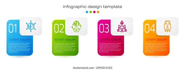 Set line NFT blockchain technology, Digital crypto art,  and Cyber security. Business infographic template. Vector