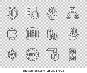 Set line NFT blockchain technology, Video graphic card, Digital crypto art, shield, Binary code,  and  icon. Vector