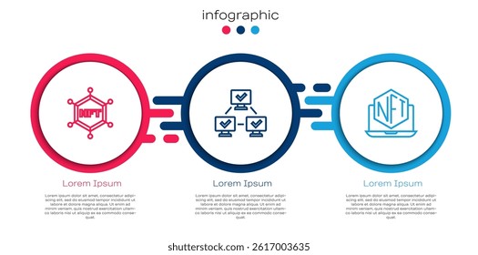 Set line NFT blockchain technology,  and Laptop with art store app. Business infographic template. Vector