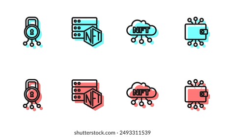 Set line NFT cloud, Cyber security, blockchain technology and Cryptocurrency wallet icon. Vector
