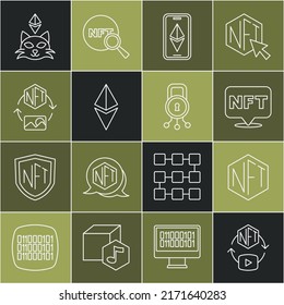 Set line NFT Digital crypto art, Ethereum ETH,  and Cyber security icon. Vector