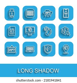Set line NFT Digital crypto art, Binary code, Cyber security, shield, Monitor with store app,  and  icon. Vector