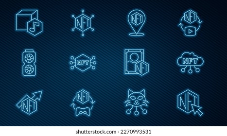 Set line NFT Digital crypto art, cloud, Video graphic card,  and blockchain technology icon. Vector