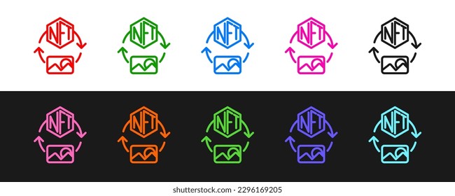 Set line NFT Digital crypto art icon isolated on black and white background. Non fungible token.  Vector