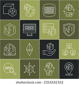 Set line NFT Digital crypto art, blockchain technology, shield, Binary code,  and  icon. Vector