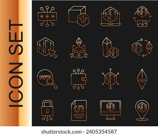 Set line NFT Digital crypto art, Ethereum ETH, exchange, Laptop with store app, Cyber security and  icon. Vector