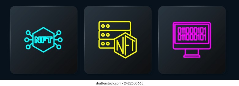 Set line NFT Digital crypto art, Binary code and blockchain technology. Black square button. Vector