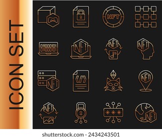 Set line NFT Digital crypto art, Laptop with store app, Binary code,  and  icon. Vector