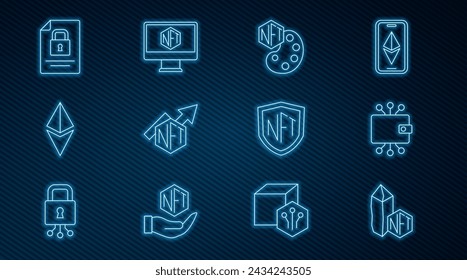 Set line NFT Digital crypto art, Cryptocurrency wallet, growth bar chart, Ethereum ETH, Document and lock, shield and Monitor with store app icon. Vector
