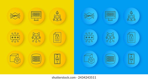 Set line NFT Digital crypto art, Cyber security, Ethereum ETH, Document and lock,  and Binary code icon. Vector