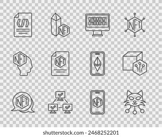 Set line NFT Digital crypto art, Binary code, blockchain technology, contract, Mobile with store app and  icon. Vector